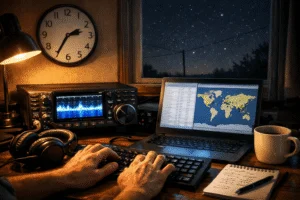 Amateurfunk-Contest-Station bei Nacht mit HF-Transceiver, Logging-Software und Weltkarte