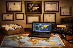 DXCC-Diplome und QSL-Karten an der Wand eines Amateurfunk-Shacks