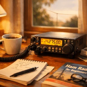 Gemütlicher Amateurfunk-Arbeitsplatz mit Transceiver und Notizen
