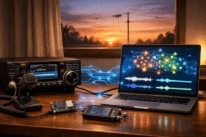 KI im Amateurfunk - Laptop mit neuronaler Netzwerk-Visualisierung neben einem HF-Transceiver