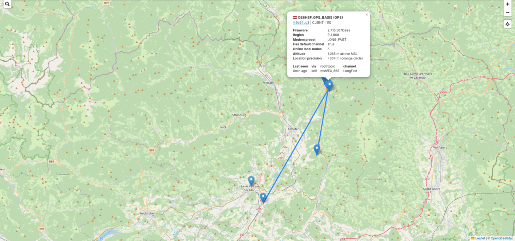 MeshMap mit OE8HSF Basis-Node und Verbindungen im Krappfeld