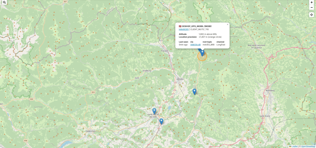 MeshMap mit OE8HSF Mobil-Node und weiteren Meshtastic-Knoten in Kärnten