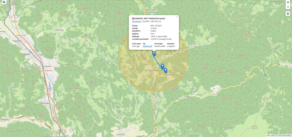 MeshMap mit OE8HSF Wetterdaten-Node im Krappfeld