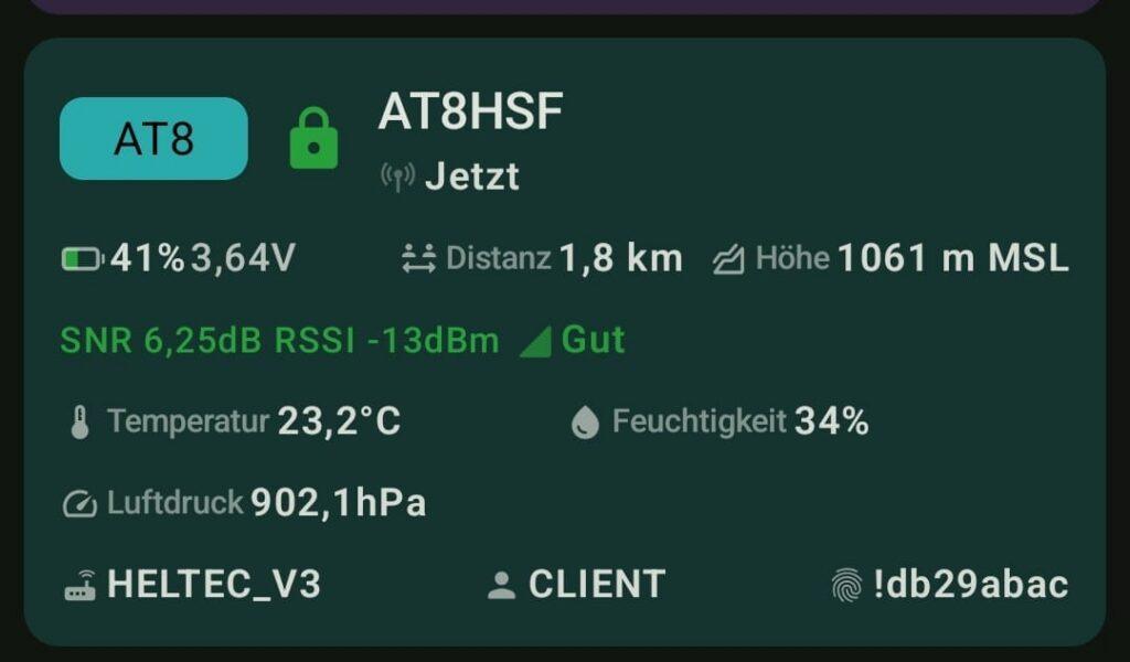Meshtastic App zeigt Wetterdaten: 23,2°C Temperatur, 34% Luftfeuchtigkeit, 902 hPa Luftdruck