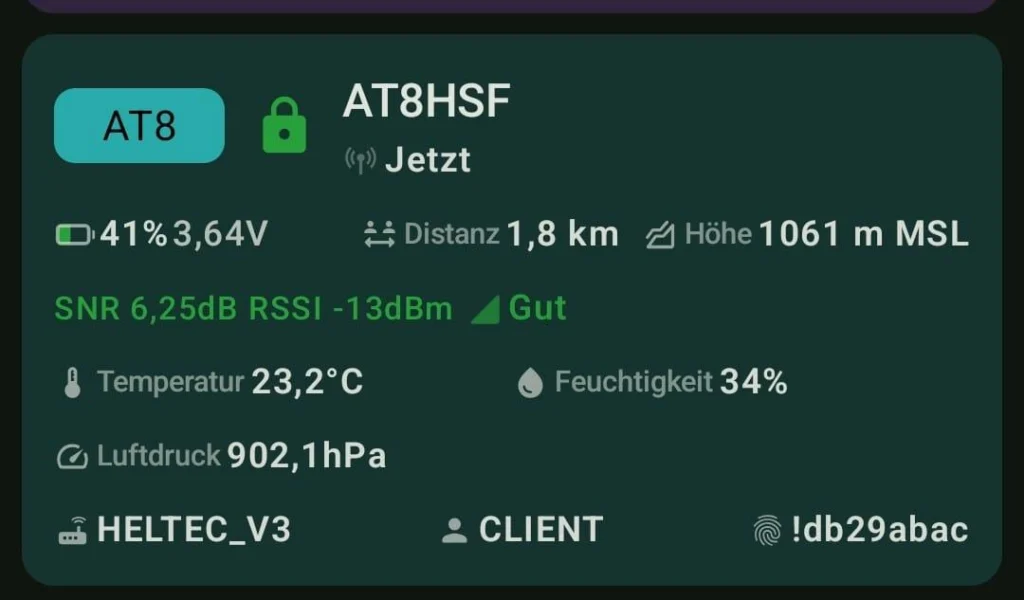 Meshtastic App zeigt Wetterdaten: 23,2°C Temperatur, 34% Luftfeuchtigkeit, 902 hPa Luftdruck
