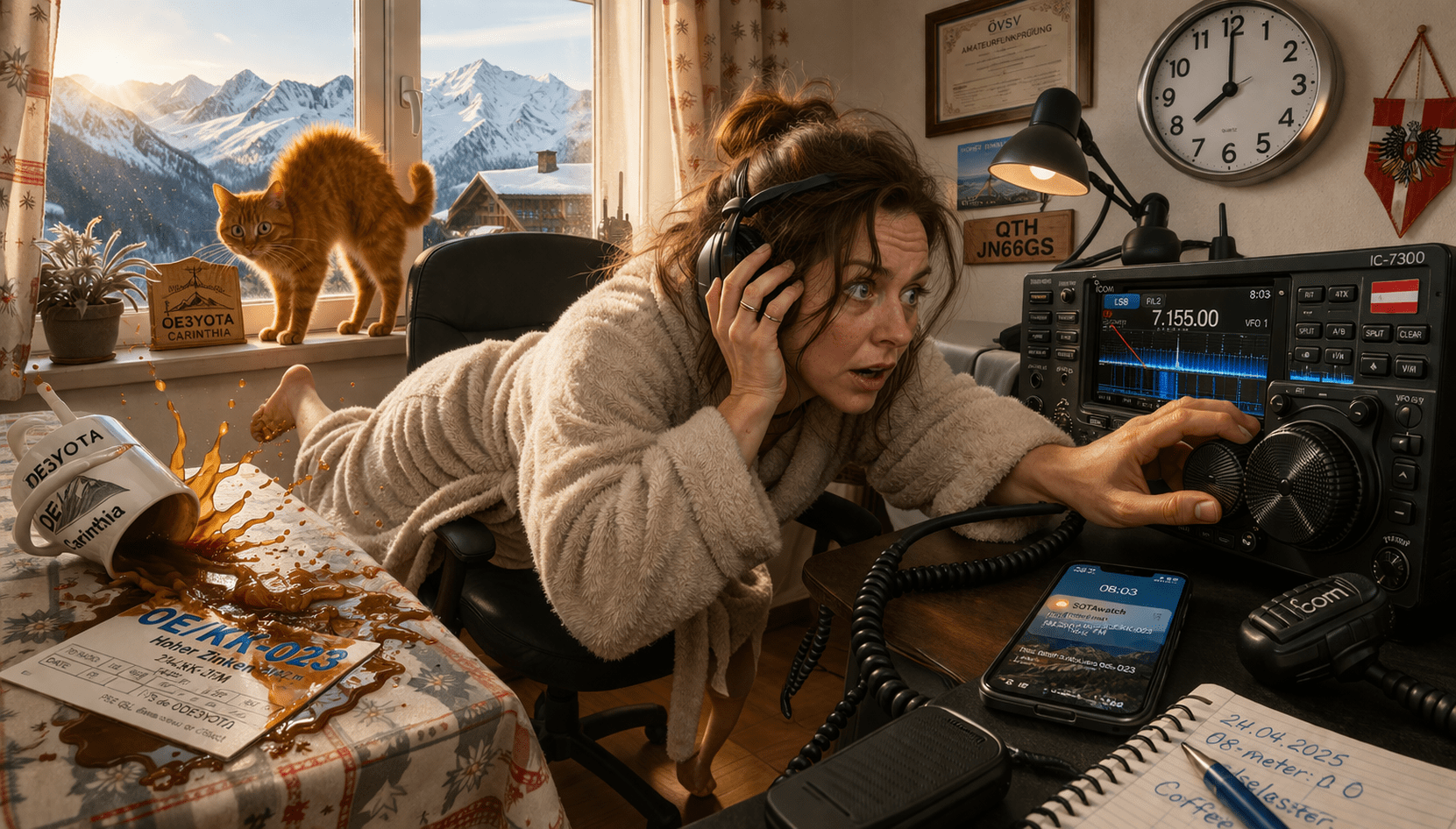 Funkerin im Morgenmantel macht Hechtsprung zum Transceiver nach SOTA-Testspot – verschütteter Kaffee, erschrockene Katze, Alpenblick