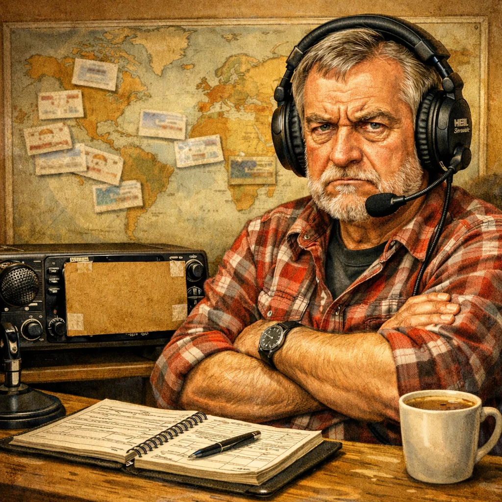 Sepp Seitenband sitzt mit verschränkten Armen vor seinem IC-7300, das Waterfall-Display mit Karton abgeklebt