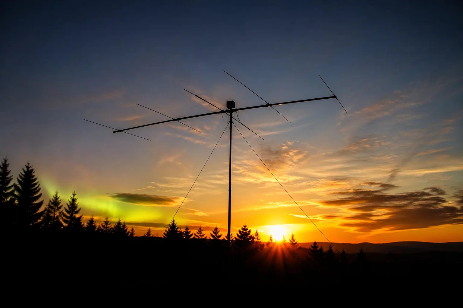Yagi-Antenne vor dramatischem Sonnenuntergang — Symbolbild für DX-Wetter und Ausbreitungsbedingungen