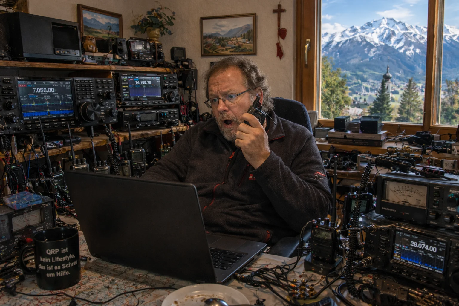Funkamateur im Shack mit Laptop und Funkgeräten vor Bergpanorama