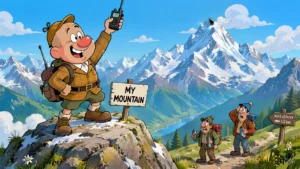 Cartoon: Hauke steht triumphierend auf dem Berggipfel, Kurt und Berndt warten im Tal