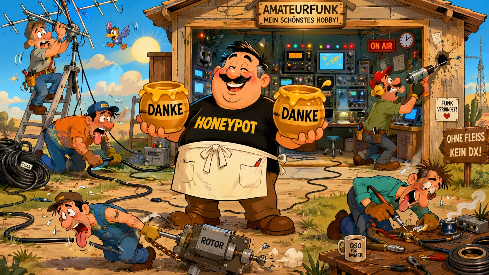 Cartoon: Willi der Honeypot steht lächelnd mit Honigtöpfen, während andere OMs sein Shack aufbauen