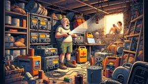 Karikatur: Herbert Hochsicher OE0HHS in seinem überfüllten Notfunk-Bunker