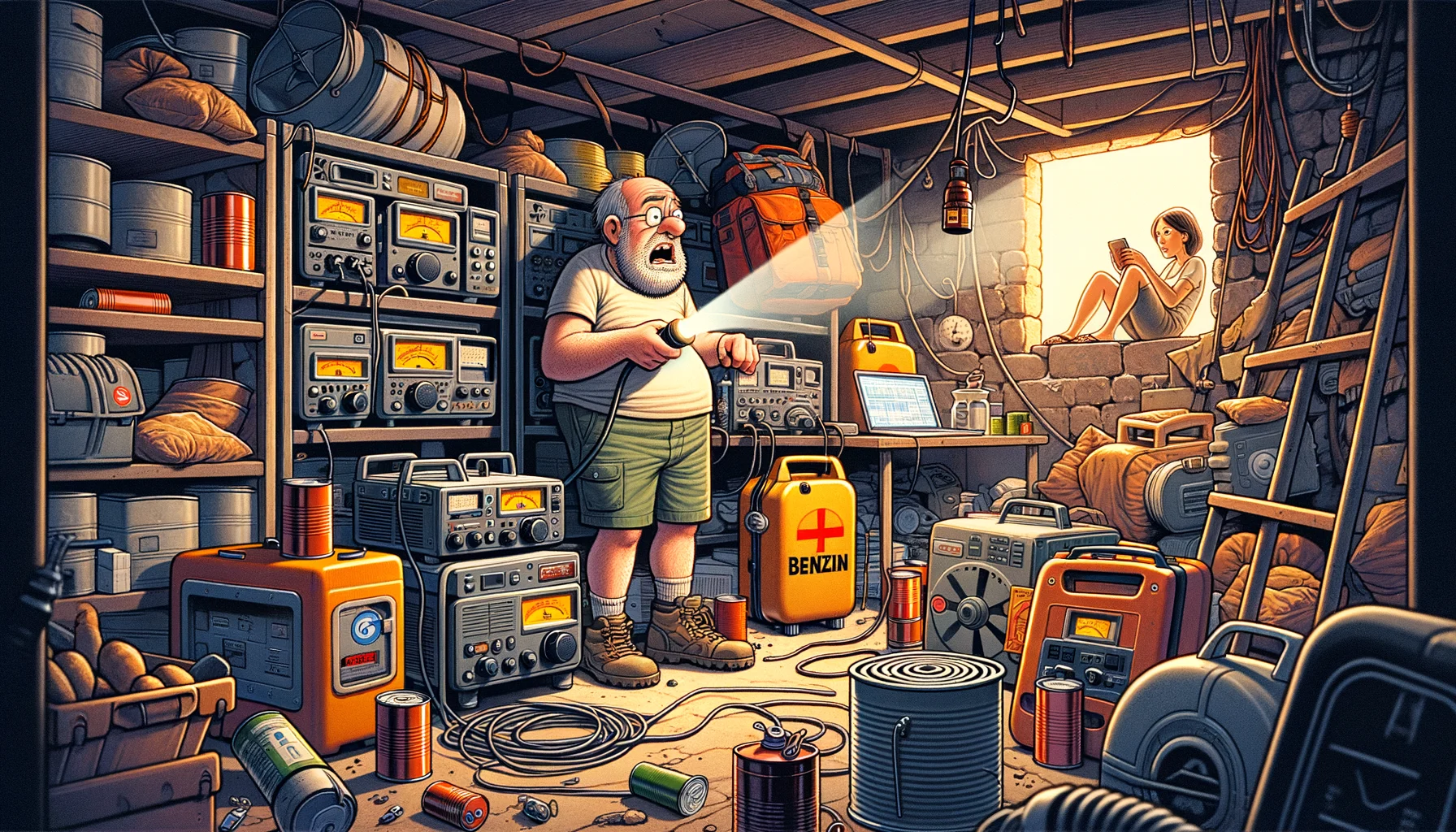 Karikatur: Herbert Hochsicher OE0HHS in seinem überfüllten Notfunk-Bunker