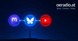 Mastodon, Bluesky and YouTube logos with amateur radio antenna and oeradio.at branding