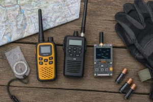 Drei lizenzfreie Funksysteme im Vergleich: PMR-Walkie-Talkie, CB-Handfunkgerät und Meshtastic-Node auf einem Holztisch