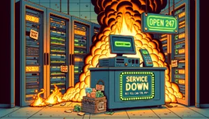 Cartoon: Brennendes Server-Rack neben einer fröhlich blinkenden Registrierkasse - Service Down but you can still pay