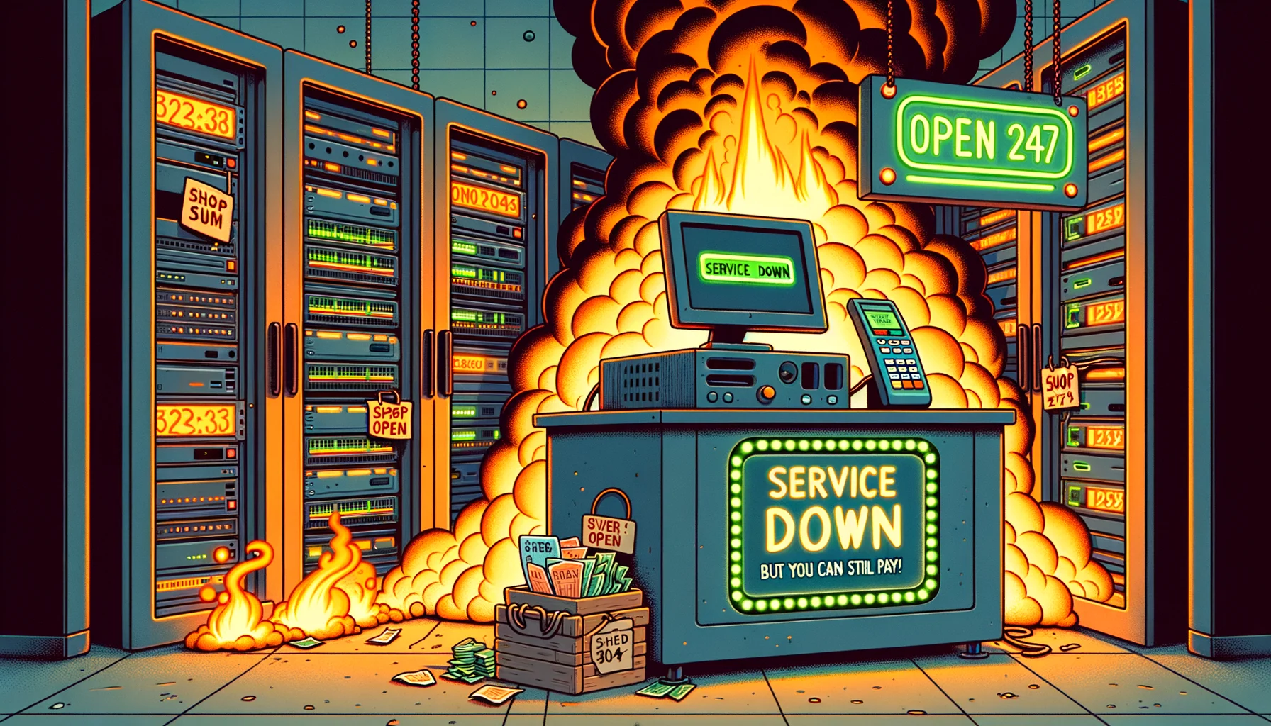 Cartoon: Brennendes Server-Rack neben einer fröhlich blinkenden Registrierkasse - Service Down but you can still pay