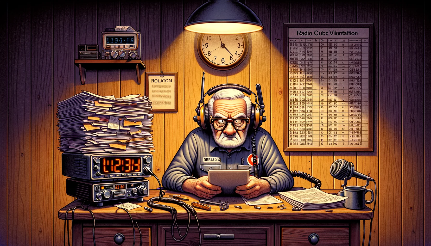 Karikatur: Erwin Ehrenkodex OE0EEK überwacht grimmig das Relais mit Kopfhörern und Excel-Tabelle