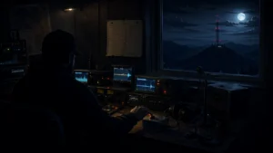 Dunkle Silhouette eines Funkamateurs vor Bildschirmen bei Nacht