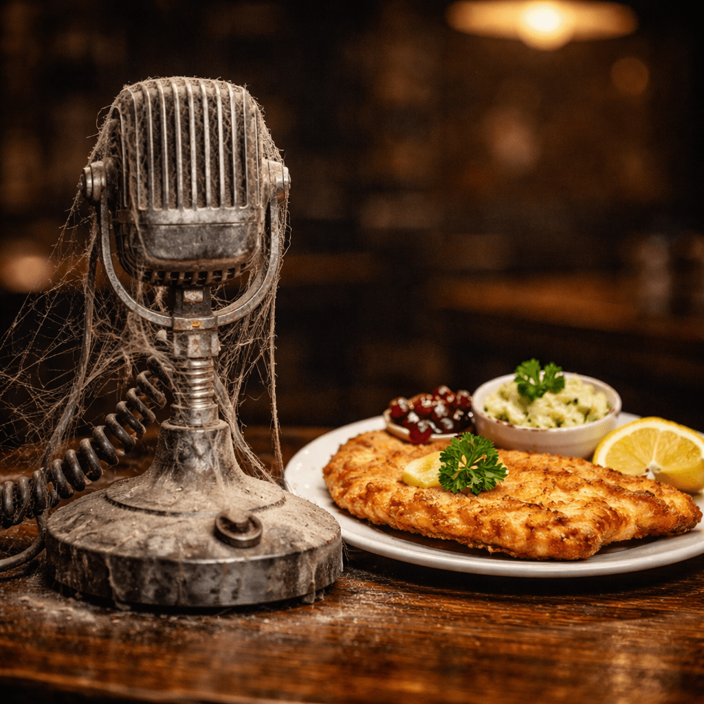 Verstaubtes Mikrofon neben einem goldenen Wiener Schnitzel – Hamspirit im Amateurfunkverein