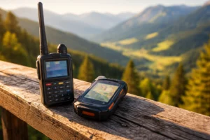 Handfunkgerät und GPS-Gerät auf dem Geländer eines Aussichtsturms mit Alpenblick – TOTA Aktivierung OER