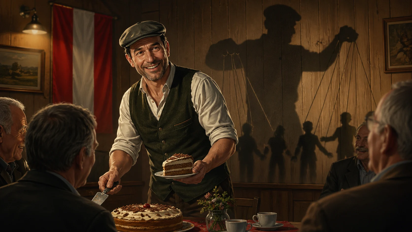 Charmanter Mann mit Schildkappe verteilt Kuchen, sein Schatten zeigt einen Puppenspieler
