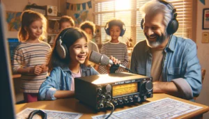 Kinder sprechen beim World Amateur Radio Day begeistert ins Mikrofon einer Amateurfunkstation