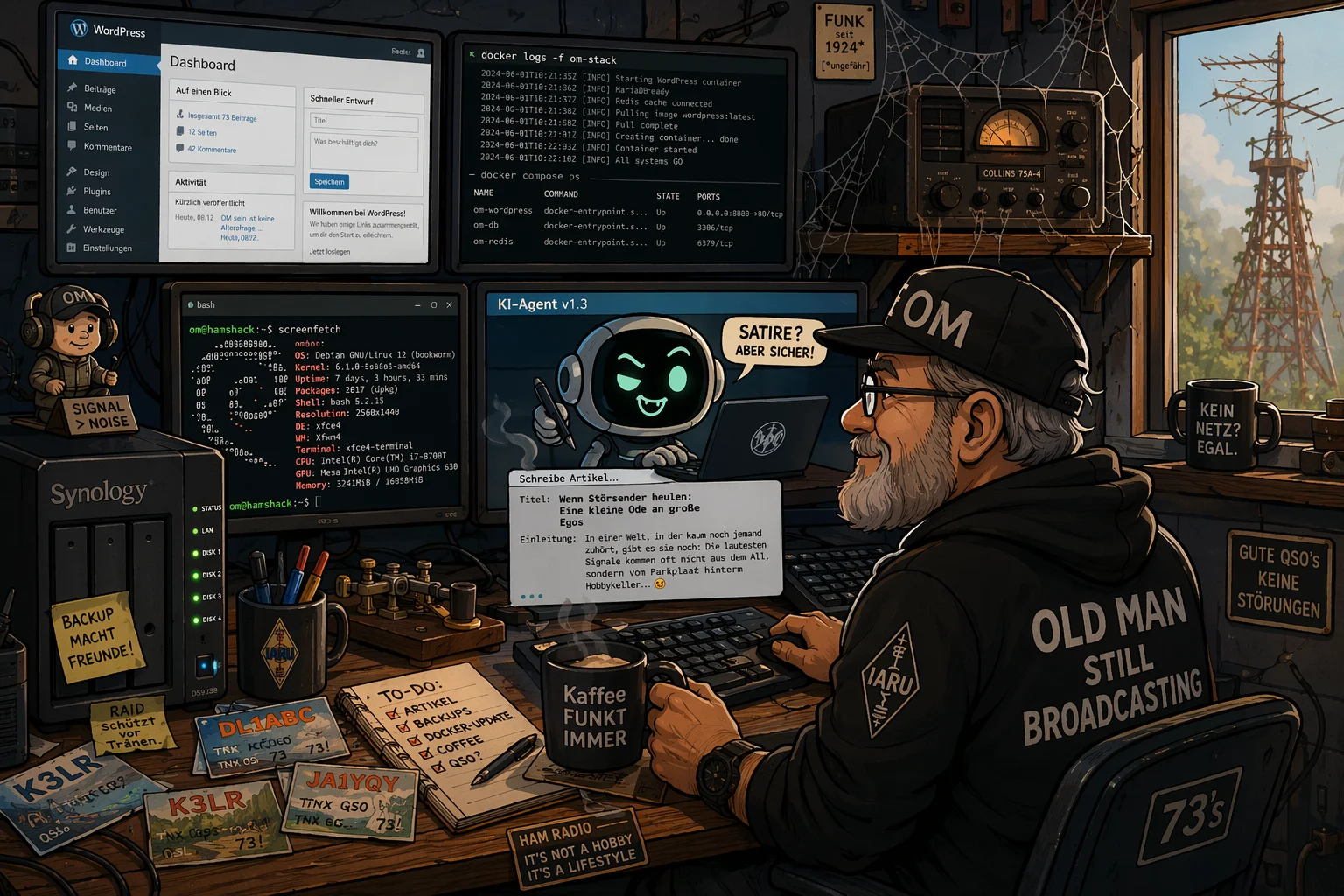 Cartoon: Ein OM sitzt vor Monitoren mit WordPress und KI-Agent statt vor Funkgeräten