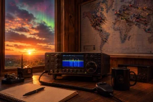 Amateurfunk-Shack bei Sonnenuntergang mit Transceiver und Weltkarte
