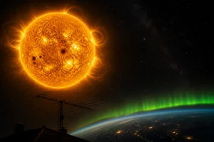 Sonne mit aktiven Regionen, HF-Antenne und Polarlicht — DX-Wetter KW 19