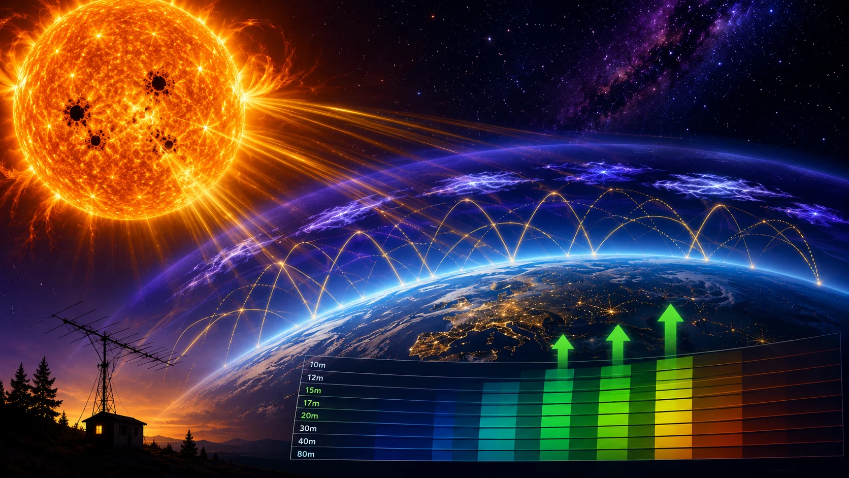 Sonne mit Sonnenflecken, Ionosphäre und HF-Bandprognose mit steigenden Werten
