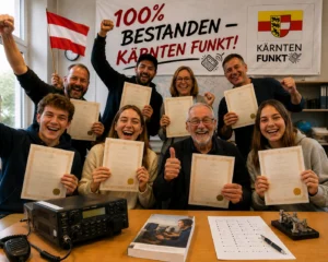 Kärnten funkt Teilnehmer feiern bestandene Amateurfunkprüfung 2026 in Klagenfurt