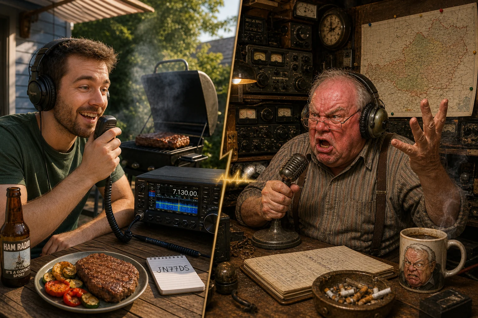 Satire: Junger Funker grillt entspannt während alter OM wütend über Maidenhead-Locator schimpft