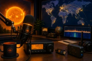 Amateurfunk-Studio mit Mikrofon, QRP-Transceiver und Weltkarte — OERadio Rundspruch KW 18
