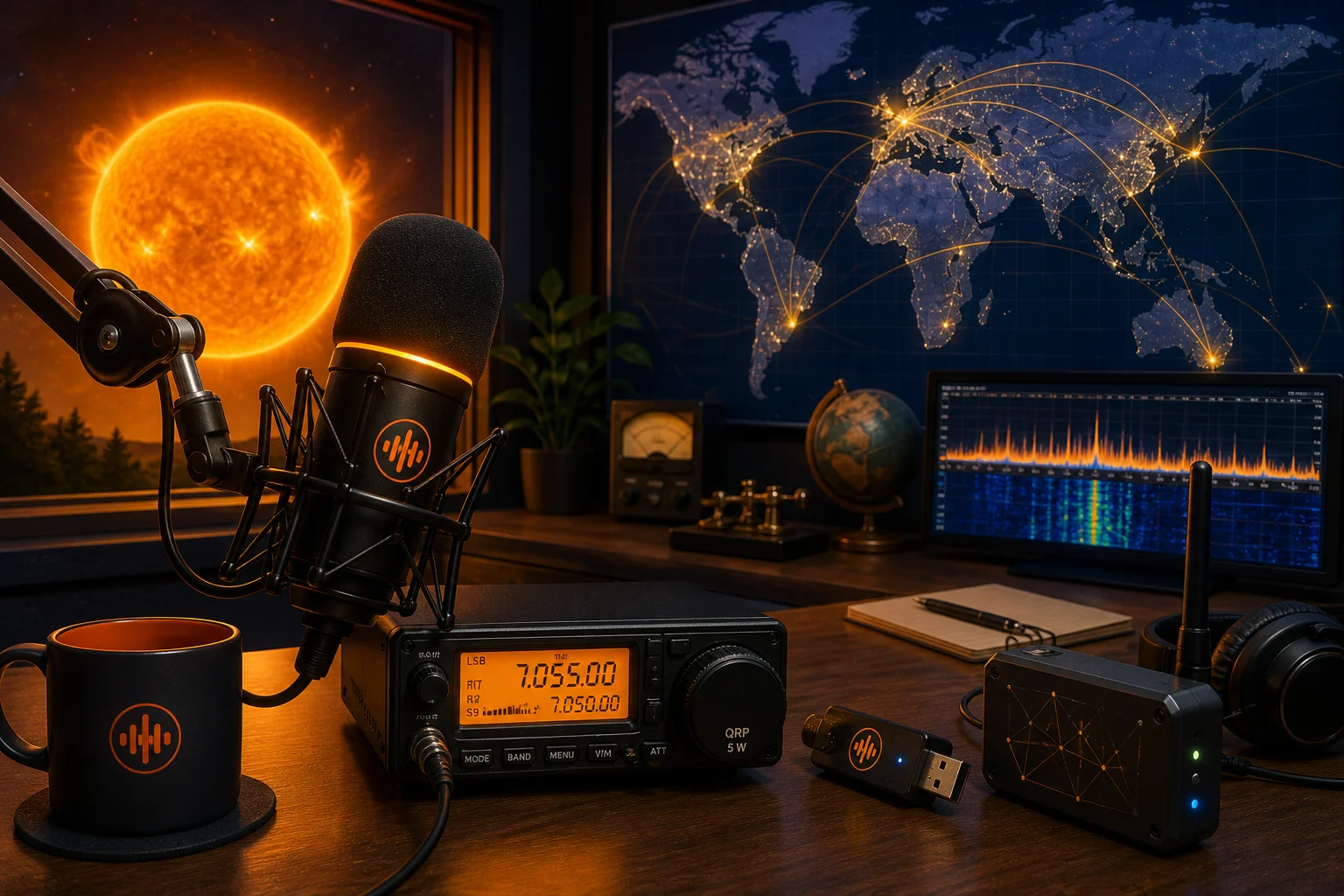 Amateurfunk-Studio mit Mikrofon, QRP-Transceiver und Weltkarte — OERadio Rundspruch KW 18
