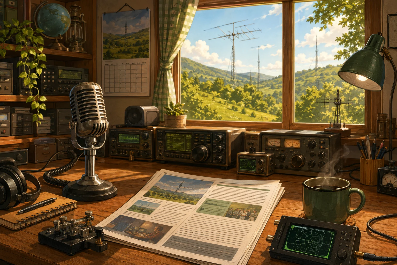 Gemütlicher Amateurfunk-Shack mit Mikrofon, Newsletter und Antennenblick