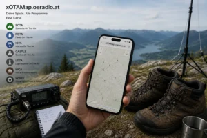 xOTA Map auf Smartphone am Berggipfel mit Portabelfunkgerät und Wanderschuhen