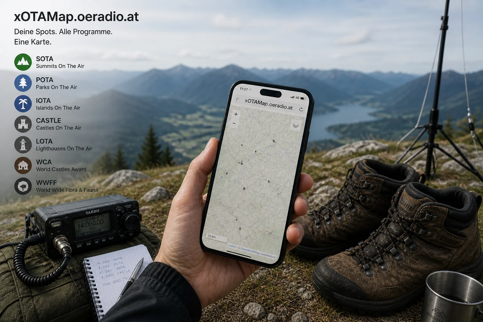 xOTA Map: 34 Outdoor-Programme auf einer Karte — mit Spots und Feld-Logbuch