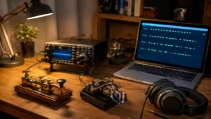 Moderner Ham Radio Arbeitsplatz mit Morsetaste und CW-Training