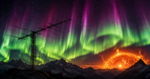 Geomagnetischer Sturm G3 mit Aurora Borealis und Amateurfunk-Yagi-Antenne