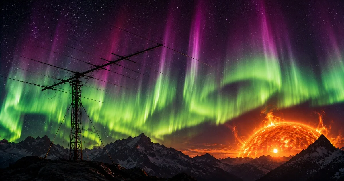 Geomagnetischer Sturm G3 mit Aurora Borealis und Amateurfunk-Yagi-Antenne