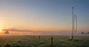 Low-Band-Empfangsantennen: Beverage-Draht und K9AY-Loop auf einem Feld bei Sonnenaufgang