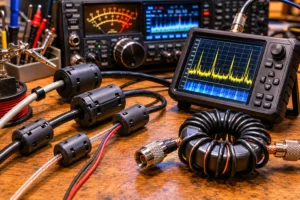 Werkbank mit Ferritkernen, Spektrumanalyzer mit Störsignalen, Common-Mode Choke auf Ringkern und HF-Transceiver