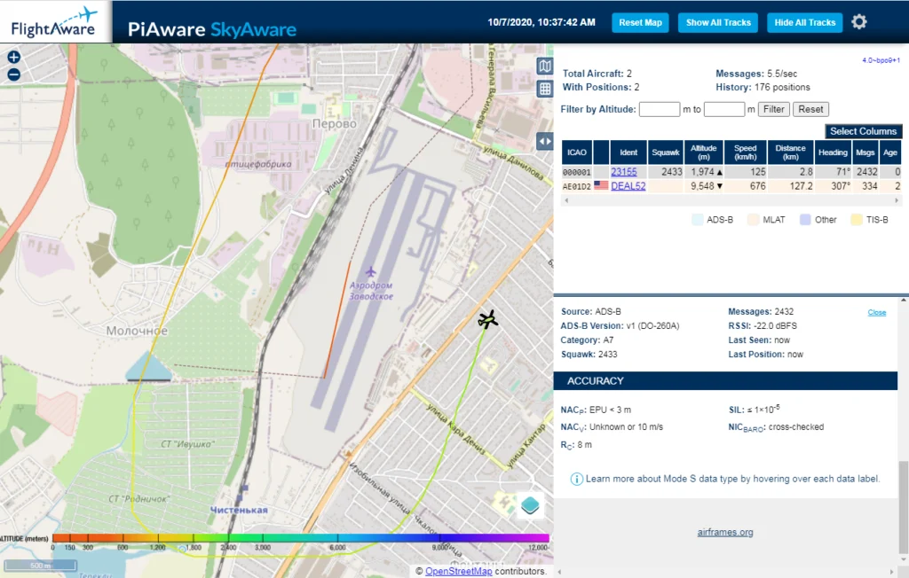 PiAware SkyAware Web-Interface zeigt Flugzeuge auf Karte