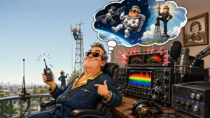 Karikatur: selbstgefälliger Funkamateur mit teurem Shack, übersteuerten Anzeigen und Astronauten-Tagtraum