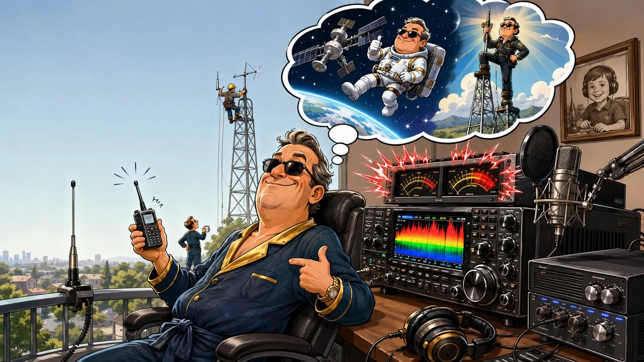 Karikatur: selbstgefälliger Funkamateur mit teurem Shack, übersteuerten Anzeigen und Astronauten-Tagtraum