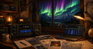 Amateurfunk-Shack mit Transceiver, Mikrofon und Aurora Borealis