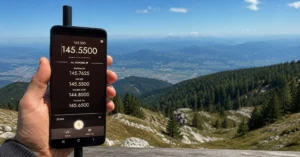 Selbst gebautes kv4p HT am Samsung Galaxy S9+ als 2-Meter-Handfunkgerät am Gipfel