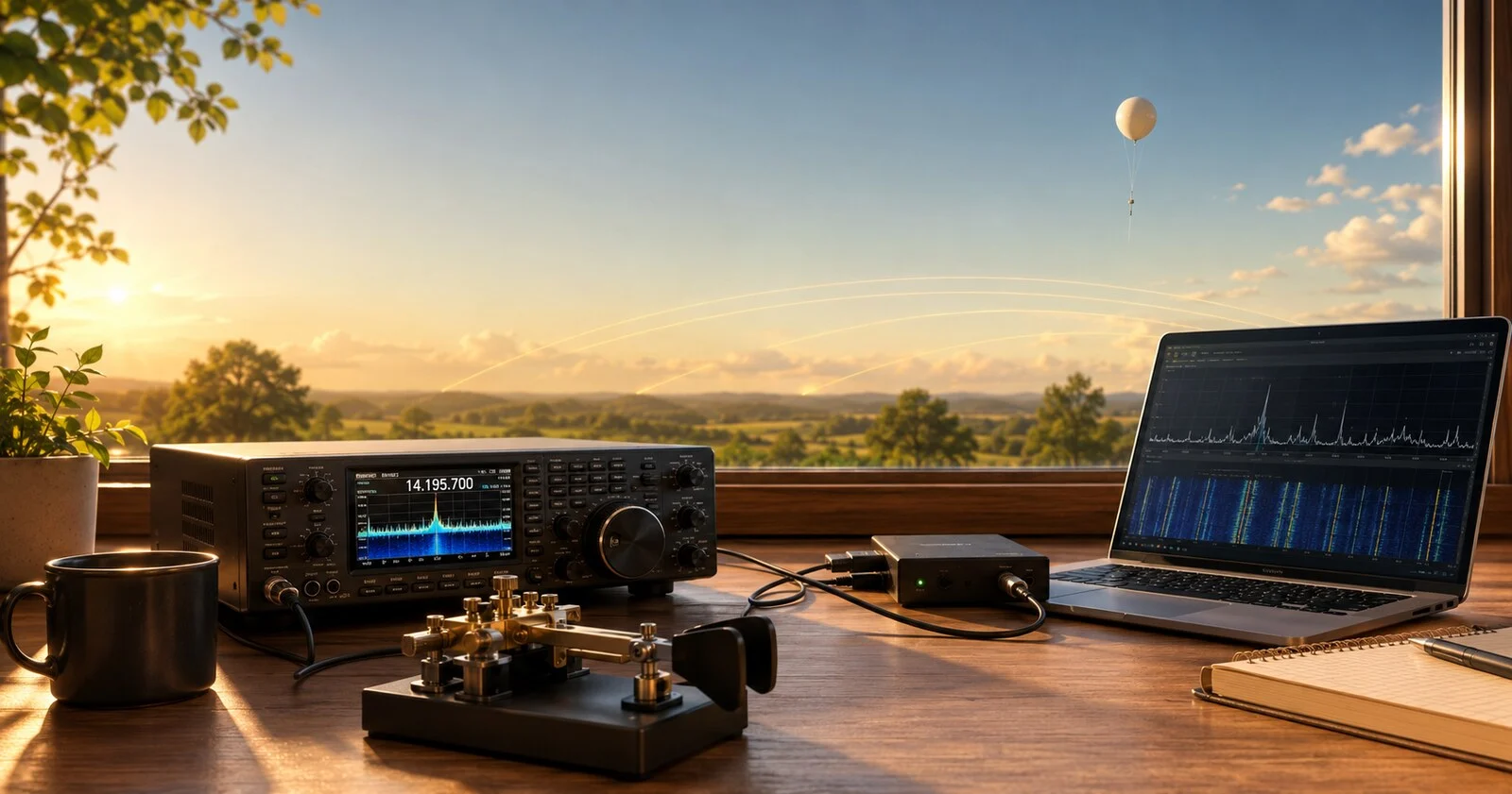 Amateurfunk-Station mit Transceiver, CW-Taste und Laptop am Fenster, Wetterballon am Sommerhimmel