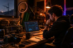 Junger Mann vor Laptop mit YouTube-Analytics, daneben ein verstaubter Transceiver mit schlafender Katze, Ring Light und Kameraequipment